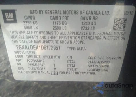 2013 Chevrolet Equinox 1Lt z USA, uszkodzony, nr VIN 2GNALDEK1D6173057